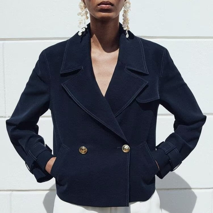 Women Clothing Stylish Simple Double Breasted Short Coat